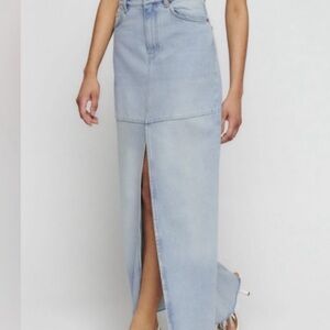Reformation Jeans Light Wash Denim Maxi Skirt | Front Slit | Raw Hem | Size 29
